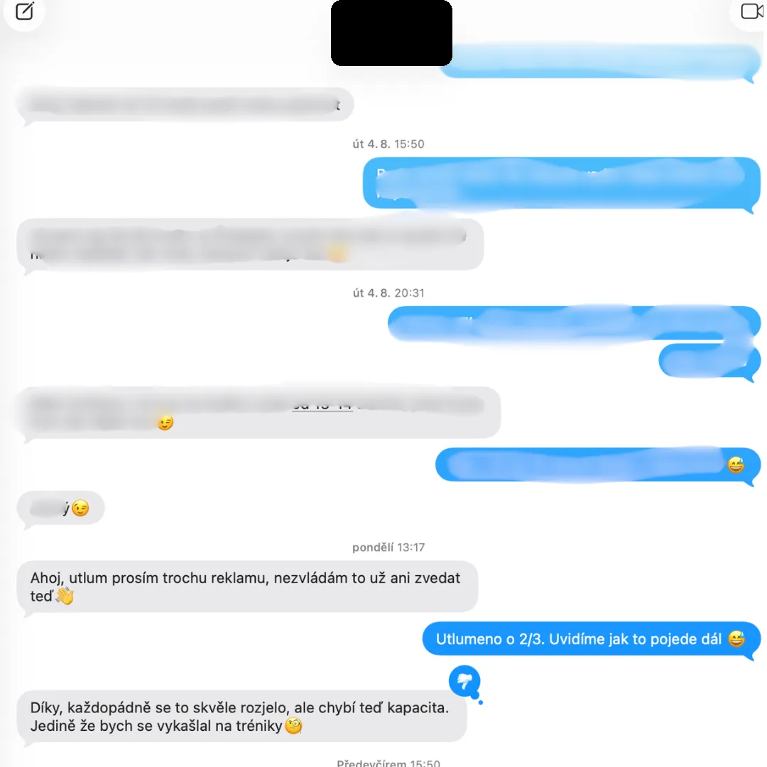 Chat s klientem, který žádá o utlumení reklamy, protože nestíhá